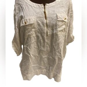 Ellen Tracy 100%Linen 3/4 Sleeve Blouse Gold Hardware Zippers and Buttons Shirt